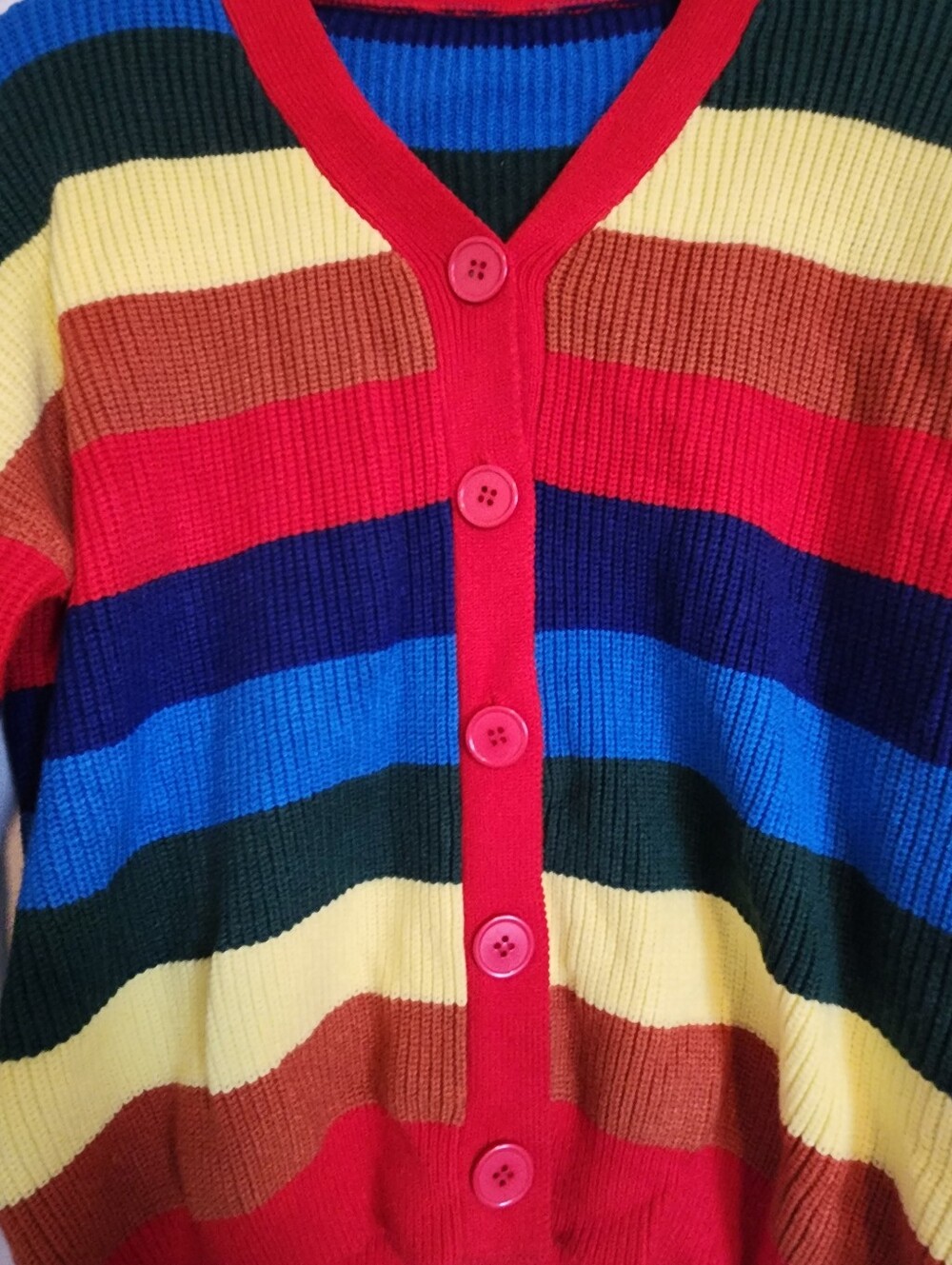 🌈Y2K UNIF Style Rainbow Striped Cardigan - Chunky Knit V-Neck Sweater Kidcore💕 - Picture 3 of 5